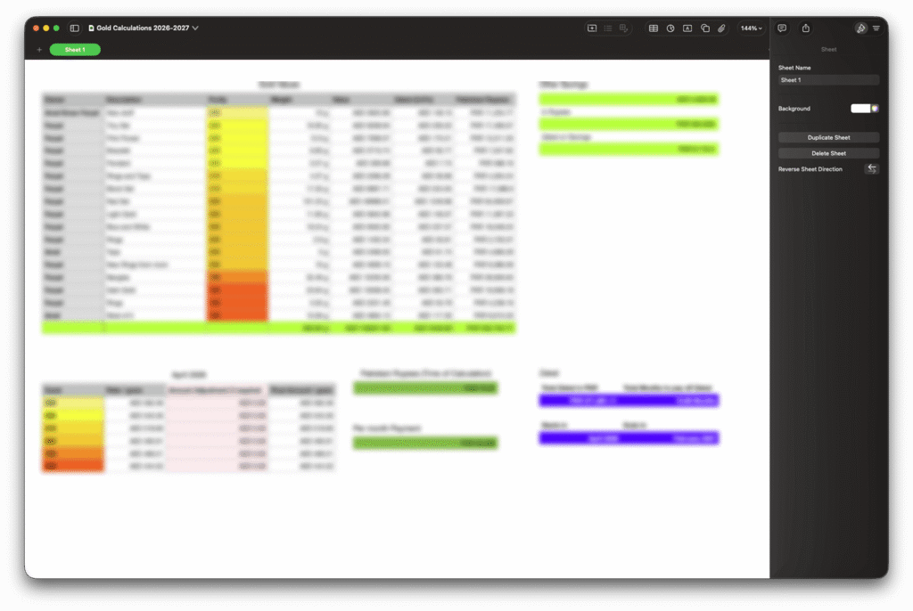 Blurred snapshot of my gold calculations numbers file