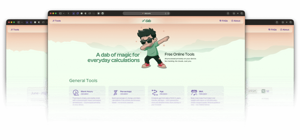 Screenshot of dab.tools, home and tools.